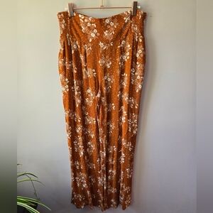 Three Dots Floral Wide Leg Palazzo Pants Rust Orange Boho Smocked Waist /Large